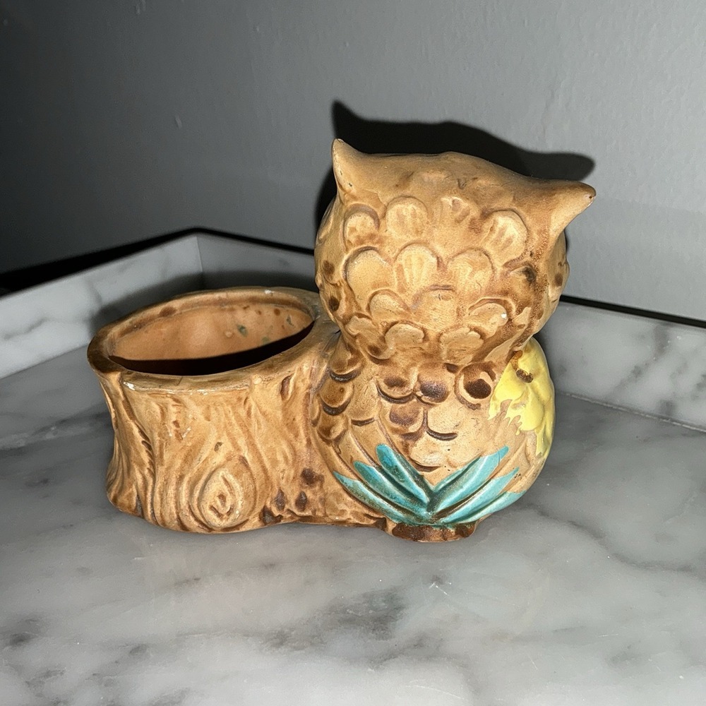 Vintage 70s Owl Stump Candle Votive Toothpick Holder Mid Century Mcm Planter - Picture 3 of 6